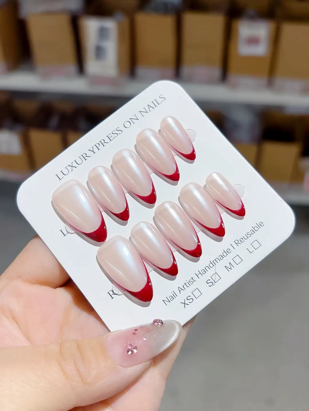 B101 - Medium Nude Red Almond French tip