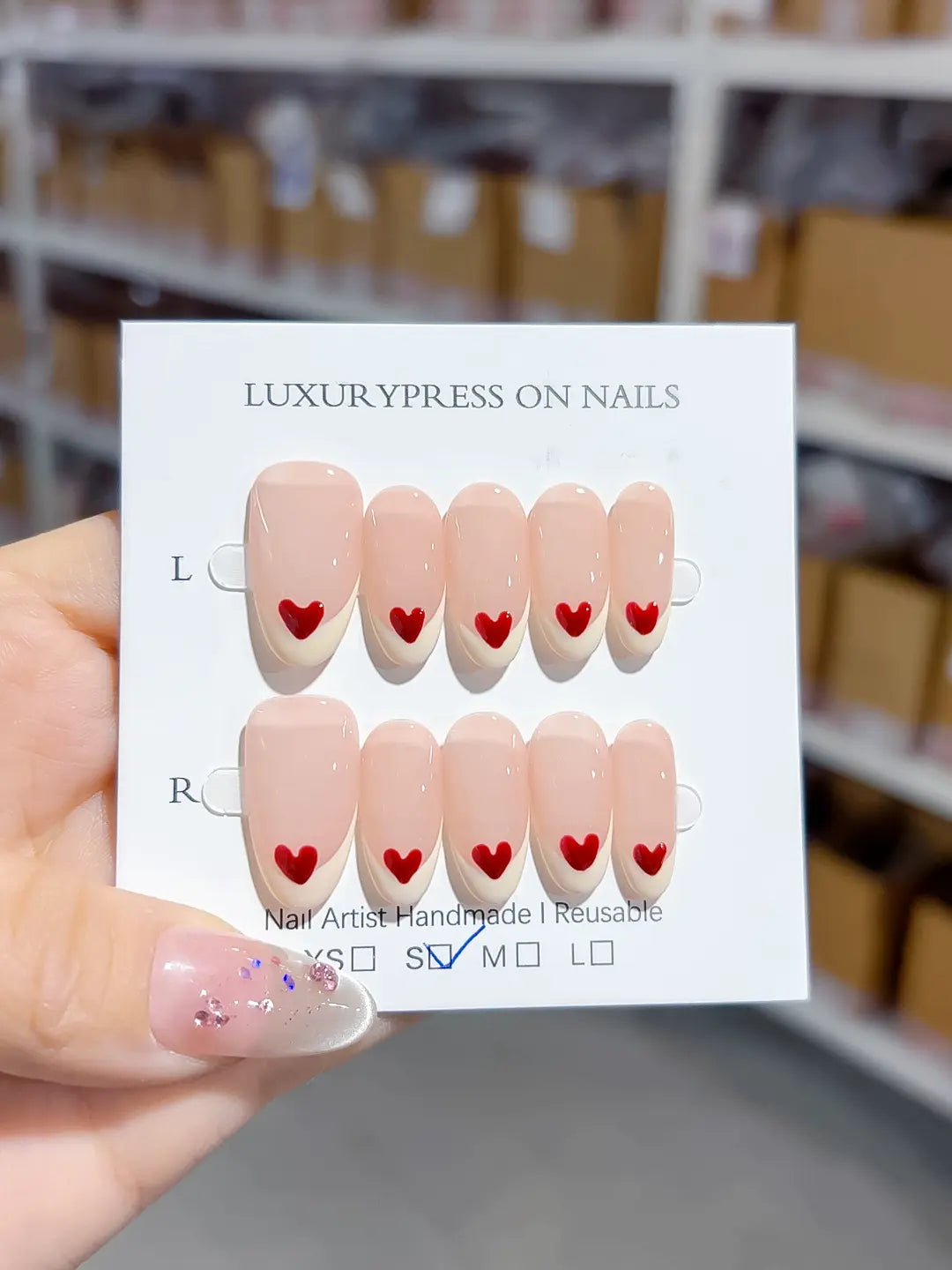 B097 - Medium Nude Red Oval French tip Heart VibeNailsLab