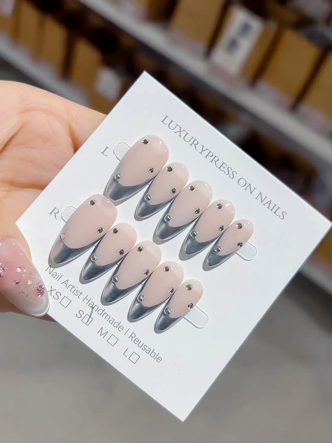 B099 - Medium Nude Multicolor Almond French tip Rhinestone