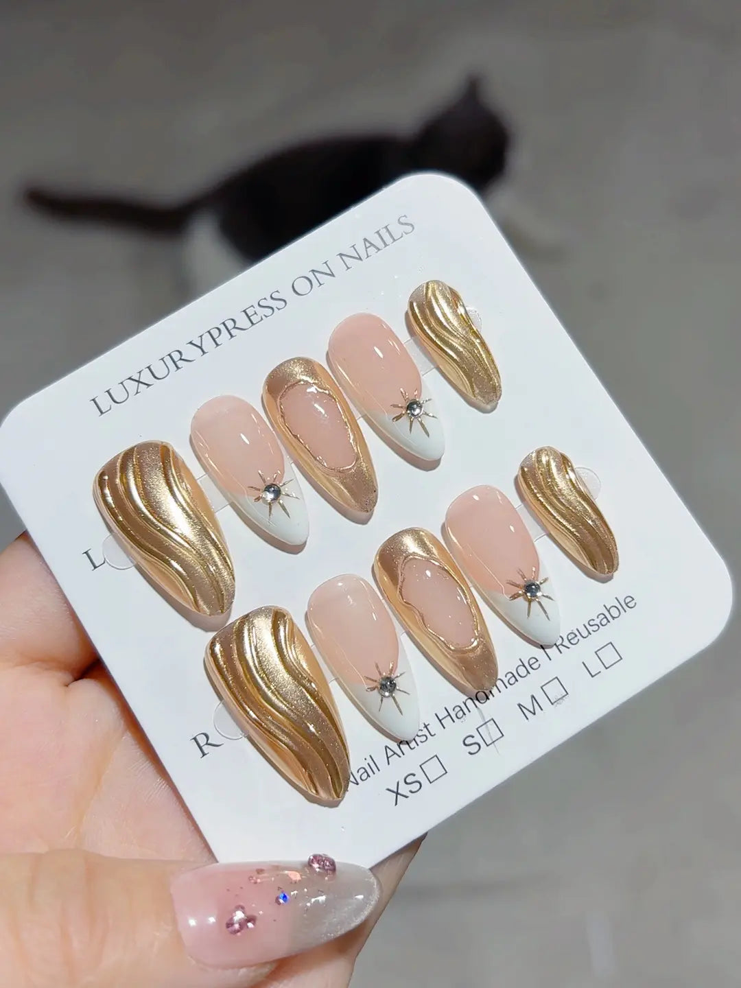 C373 - Long Gold Almond French tip Swirl