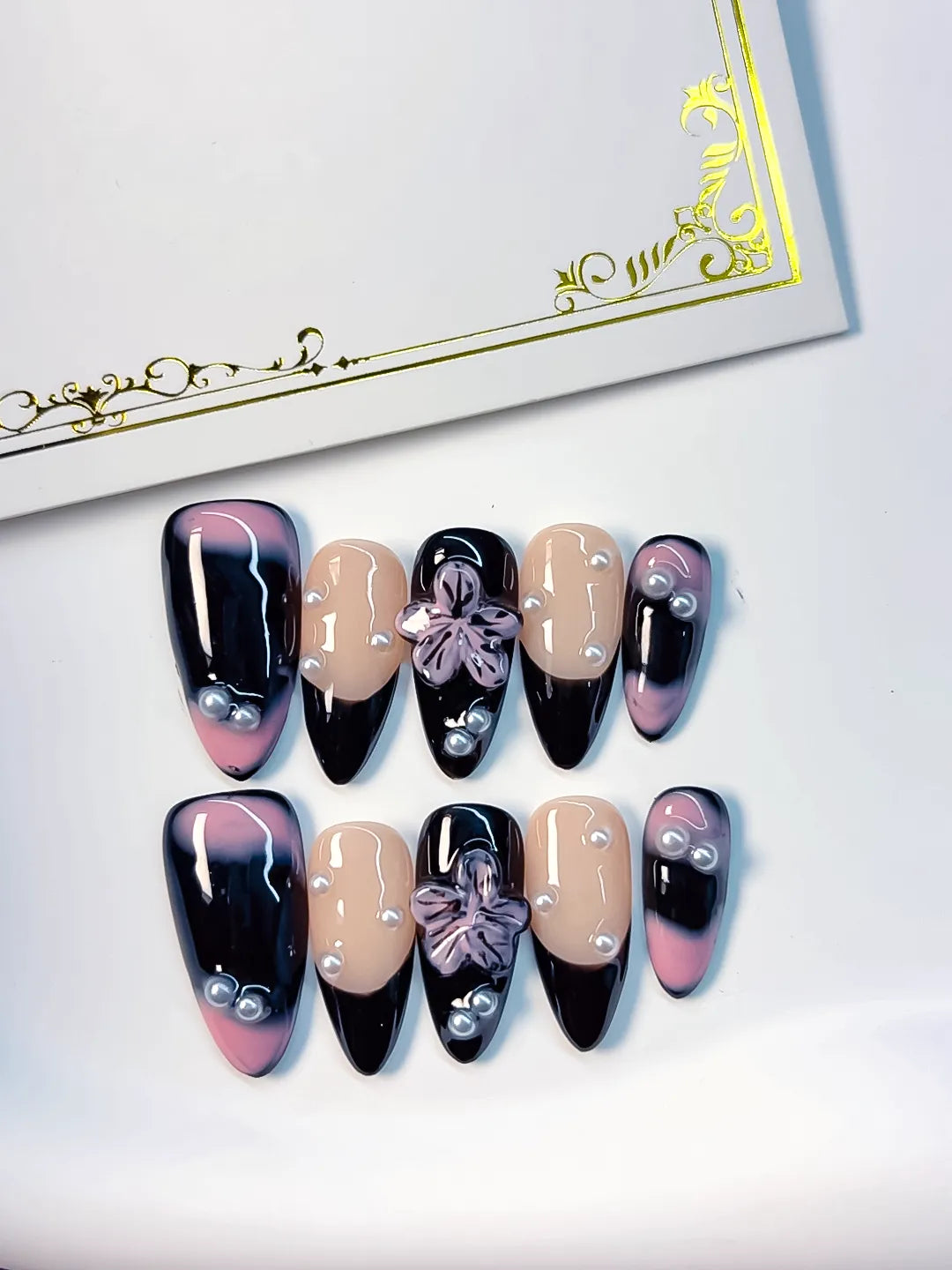 D249 - Medium Black Nude Almond Ombre Flower Pearl