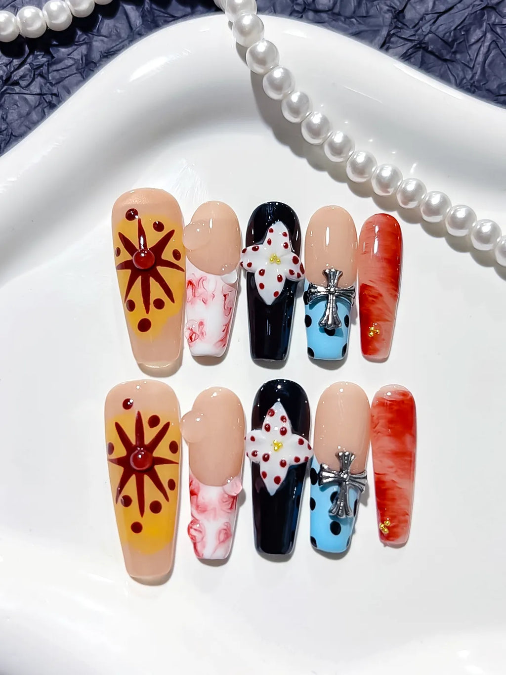 D301 - Long Nude Black Coffin Abstract Flower Cross
