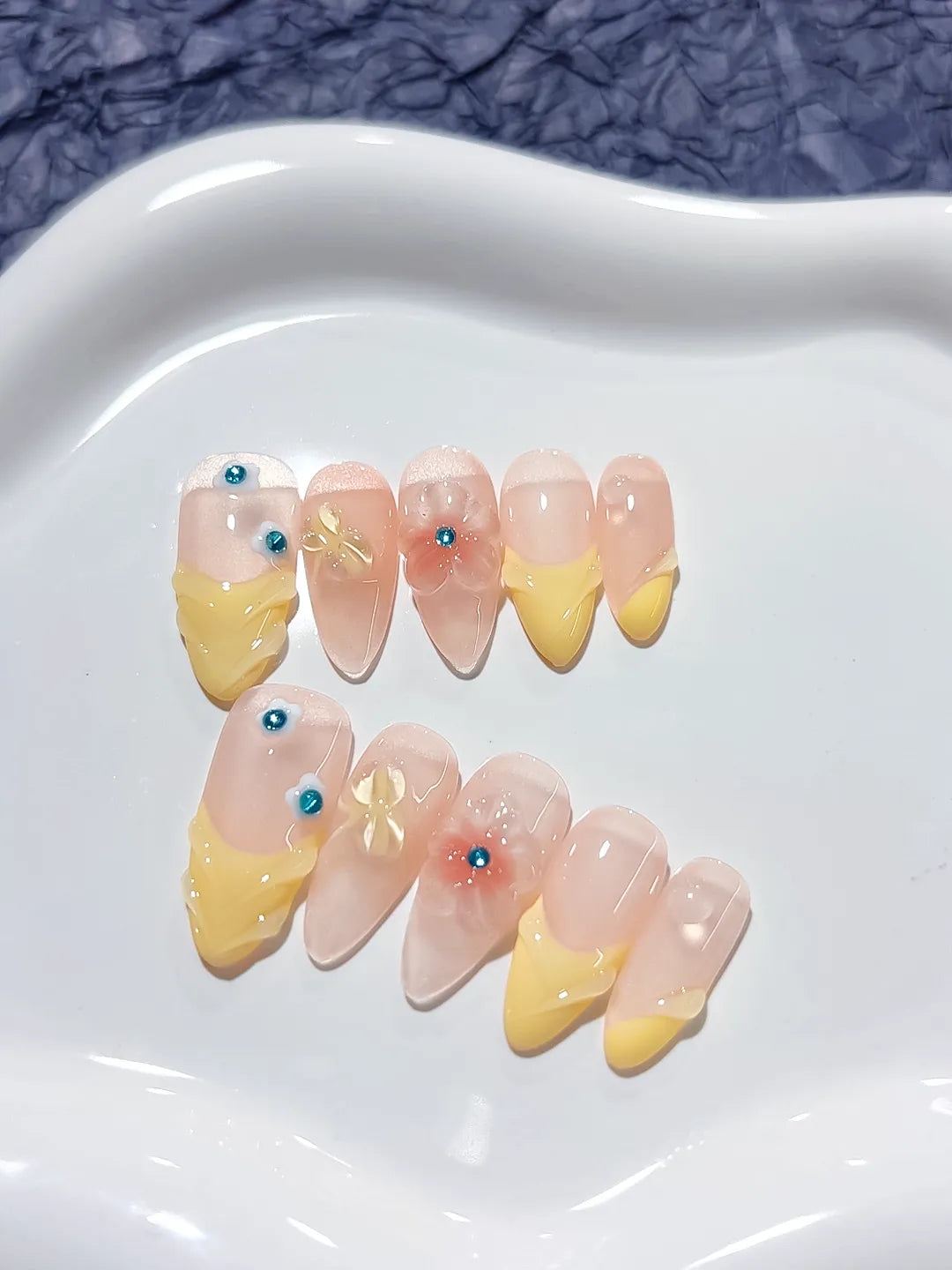 D256 - Medium Nude Yellow Almond French tip Flower Rhinestone