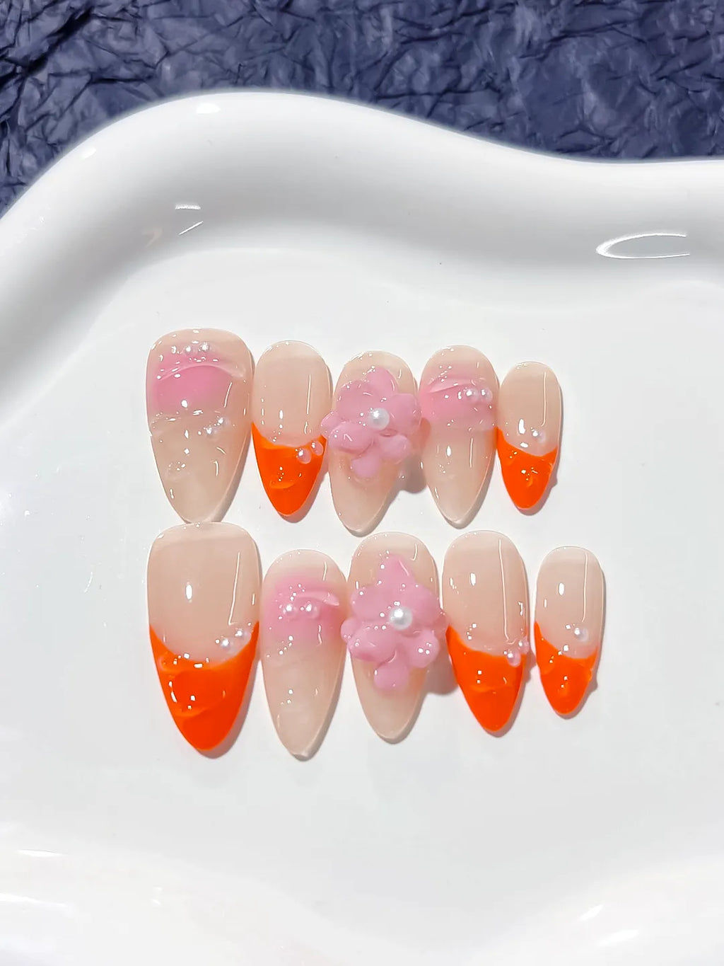 D261 - Medium Nude Orange Almond French tip Flower Pearl