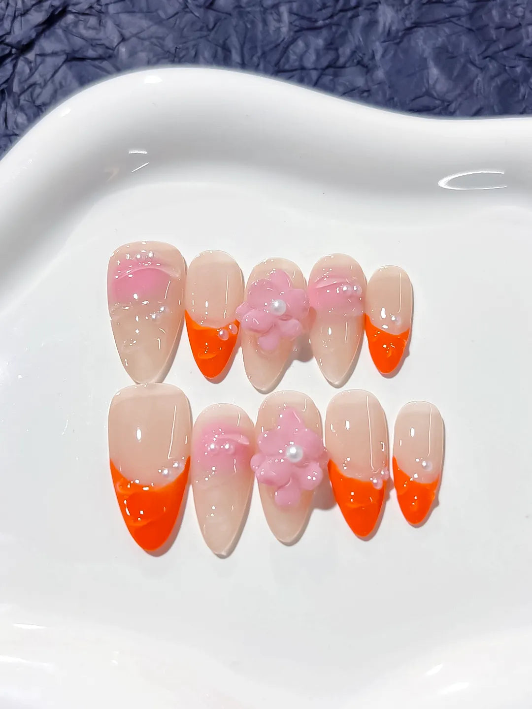 D261 - Medium Nude Orange Almond French tip Flower Pearl