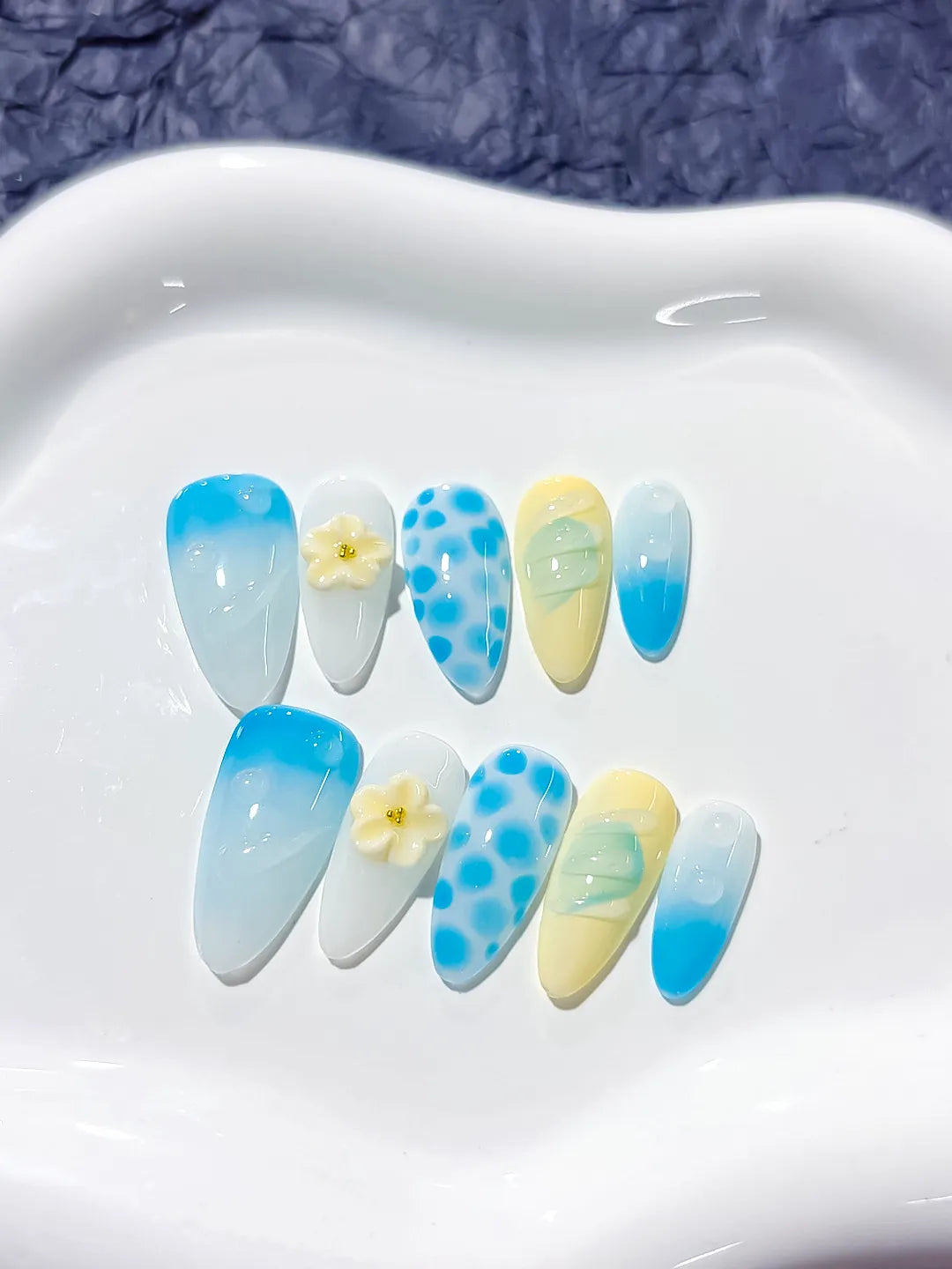 D266 - Medium Blue White Almond Abstract Flower Dot Pattern
