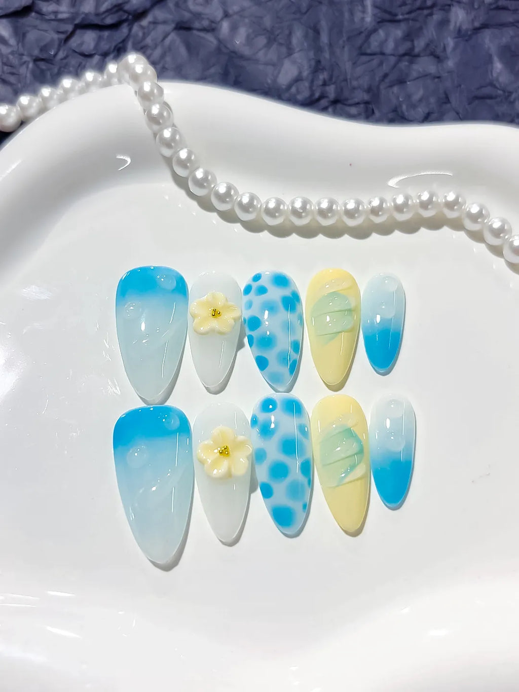 D266 - Medium Blue White Almond Abstract Flower Dot Pattern