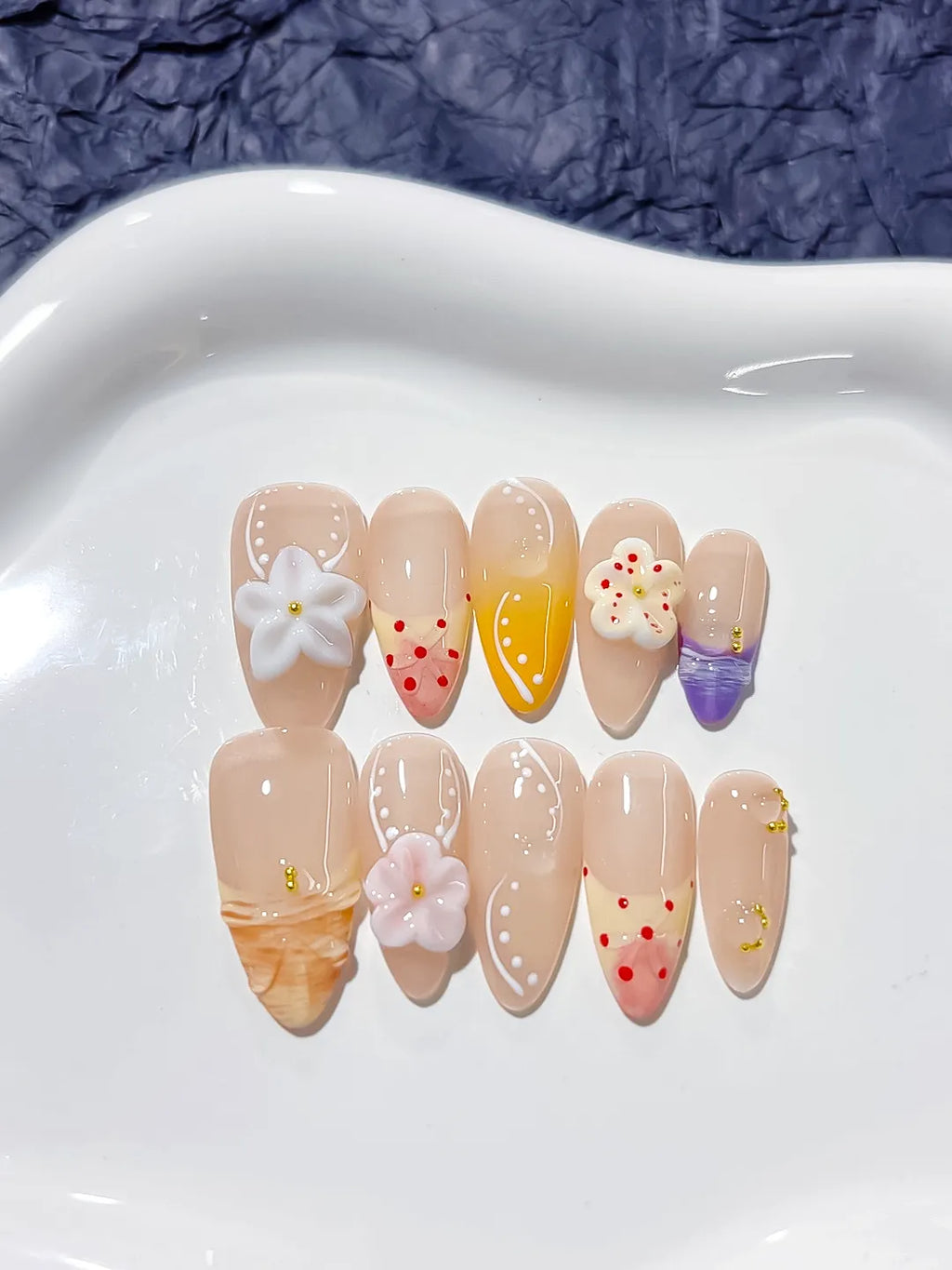 D265 - Medium Nude Orange Almond Abstract Flower Dot Pattern