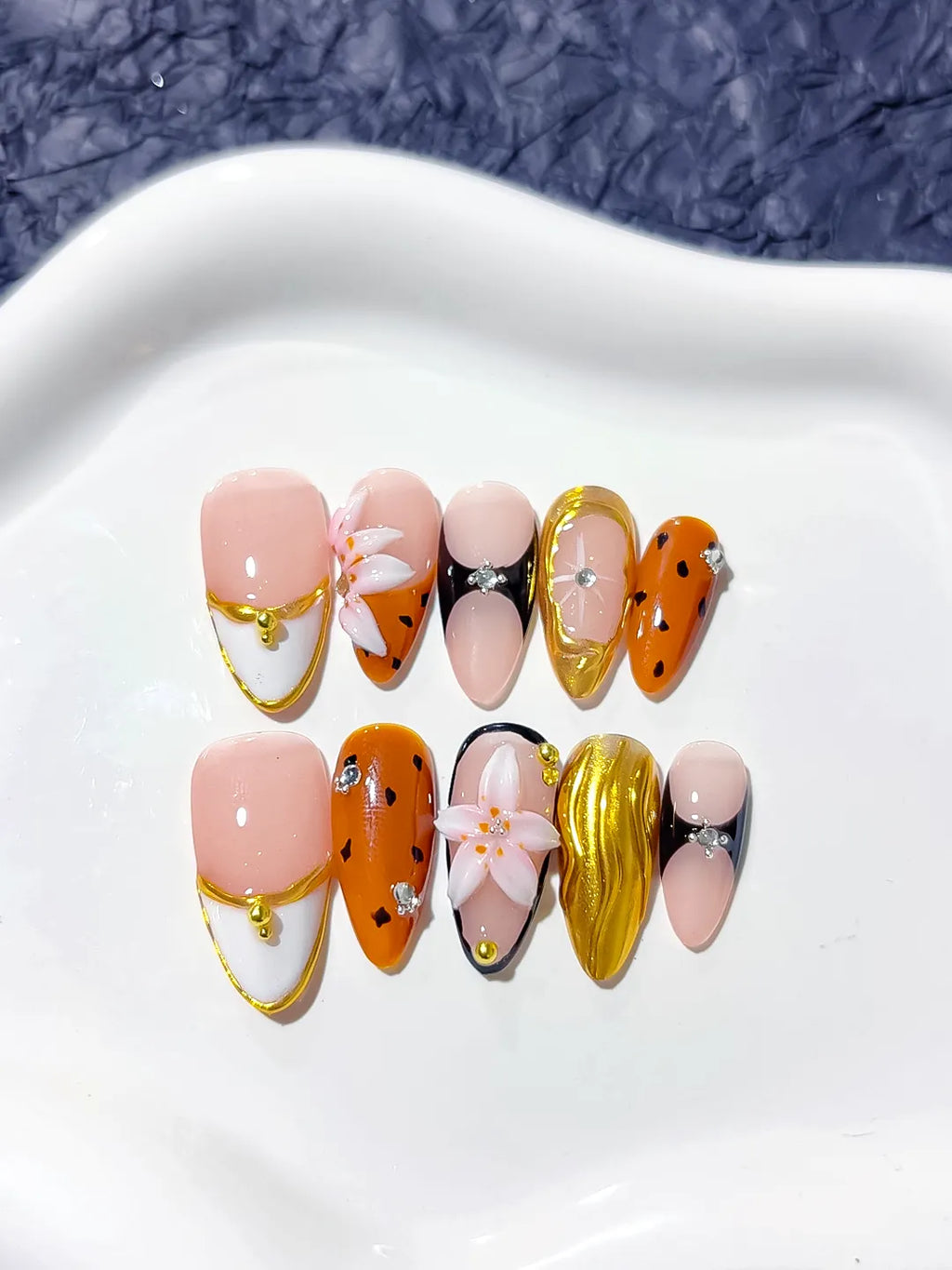 D309 - Medium Nude Orange Almond Abstract Flower Metallic
