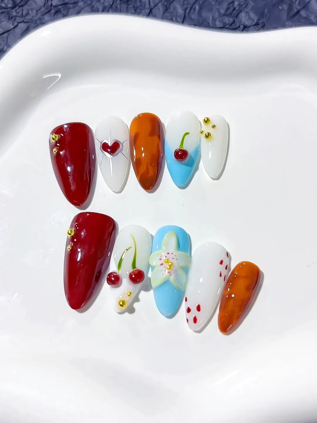 D307 - Medium Red Orange Almond Abstract Cherry Flower