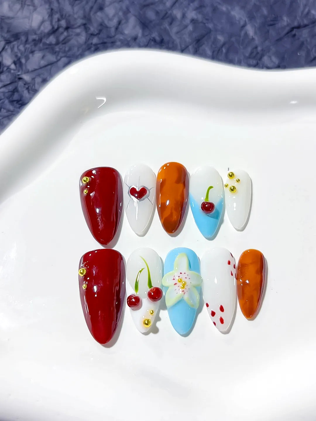 D307 - Medium Red Orange Almond Abstract Cherry Flower