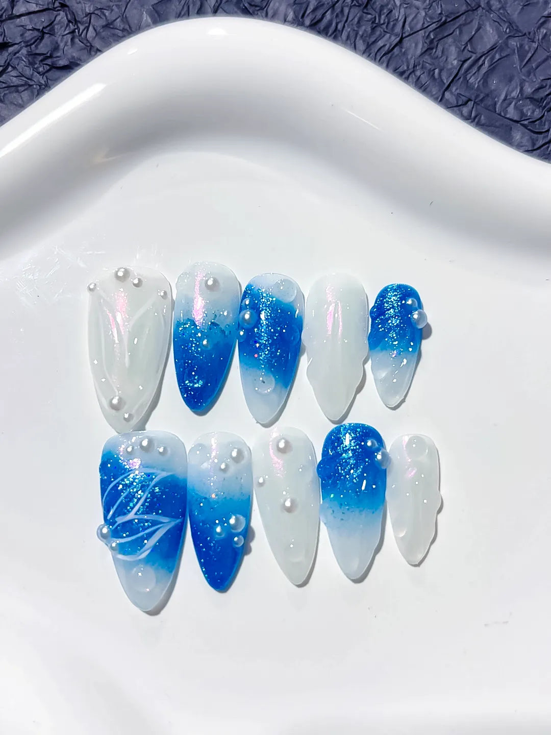 D293 - Medium Blue White Almond Glitter Pearl Embossed