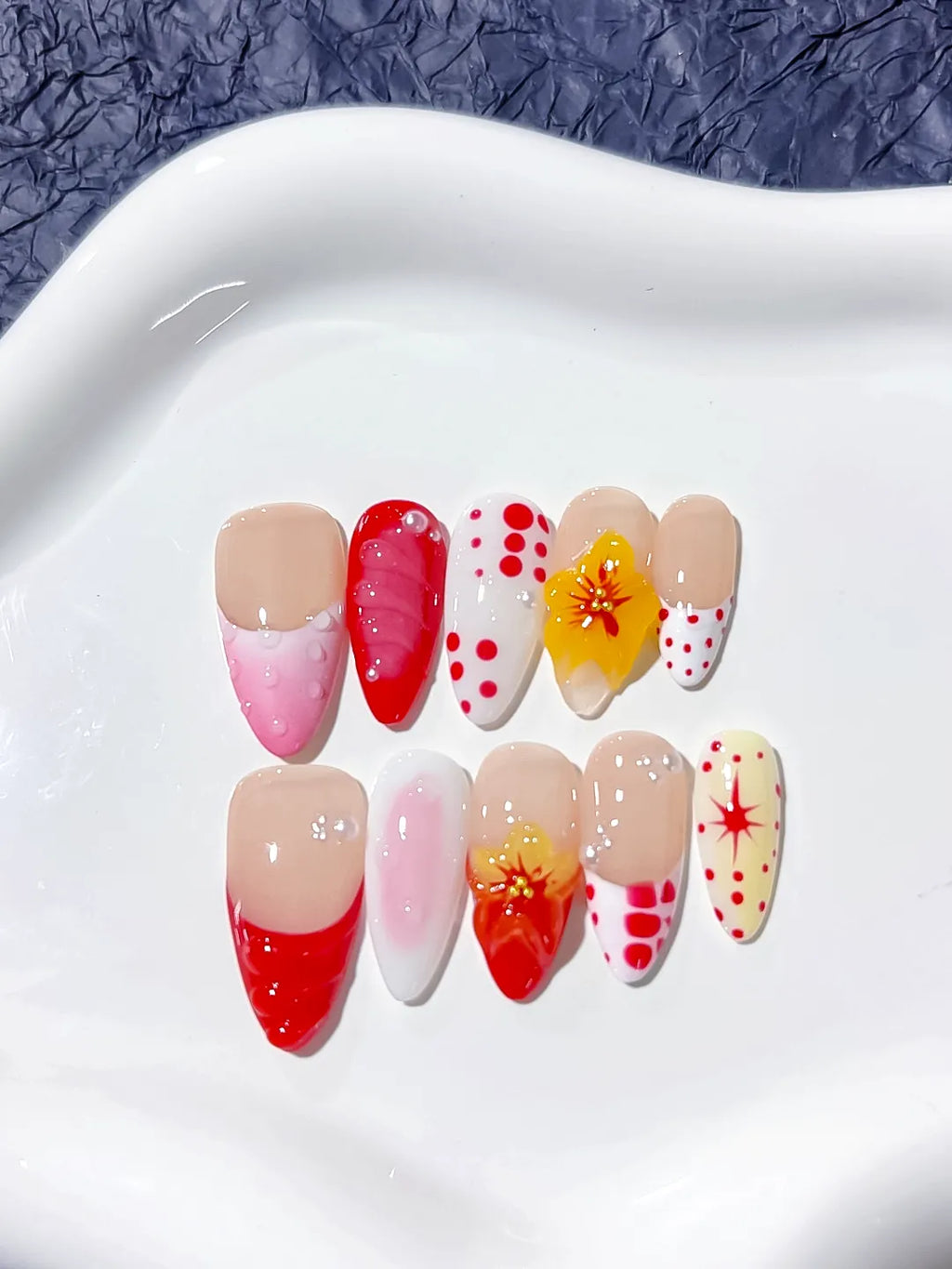 D305 - Medium Nude Red Almond French tip Flower Dot Pattern