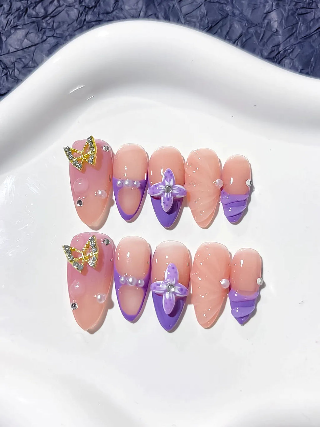 D298 - Medium Nude Purple Almond French tip Butterfly Rhinestone