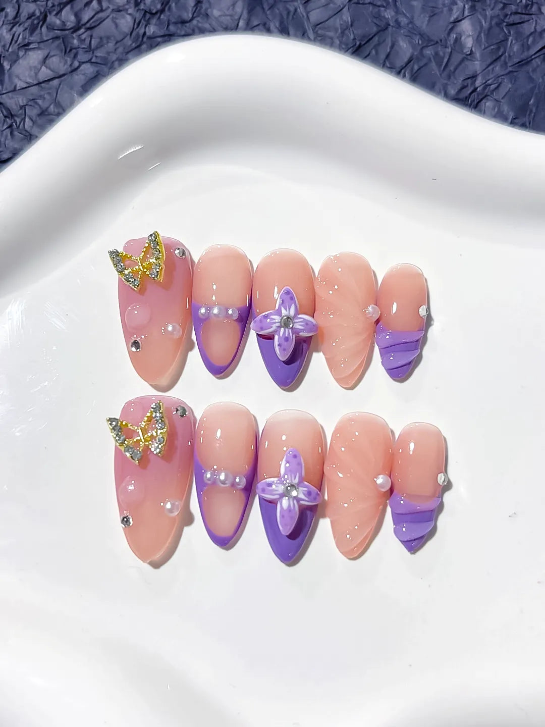 D298 - Medium Nude Purple Almond French tip Butterfly Rhinestone