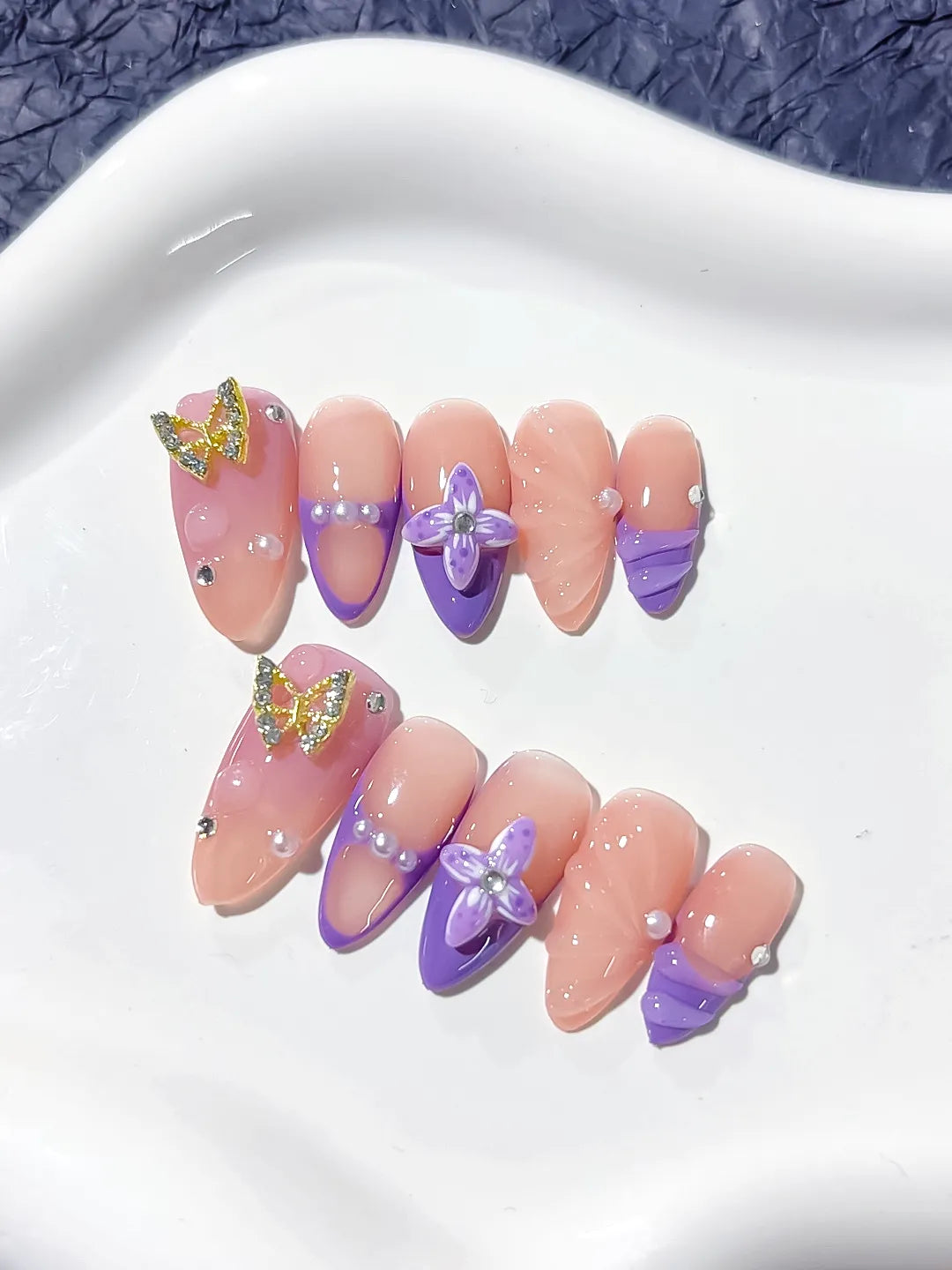 D298 - Medium Nude Purple Almond French tip Butterfly Rhinestone