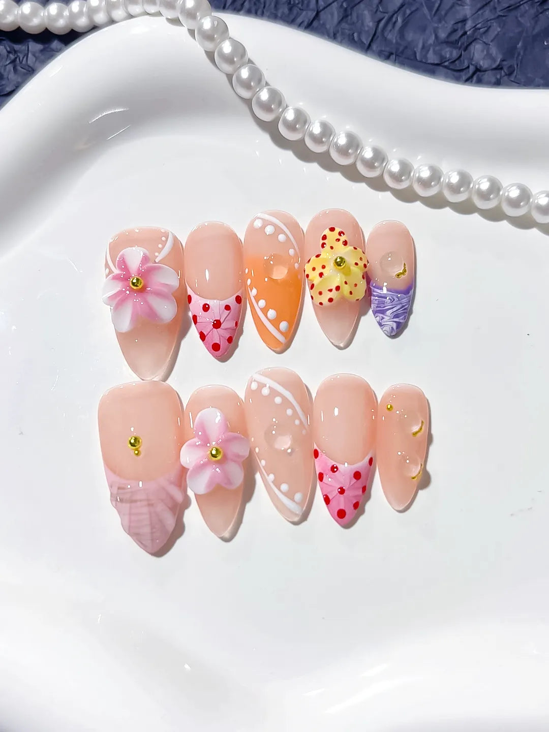 D310 - Medium Nude Pink Almond Abstract Flower Dot Pattern