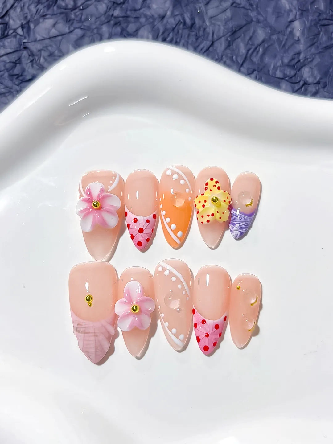 D310 - Medium Nude Pink Almond Abstract Flower Dot Pattern