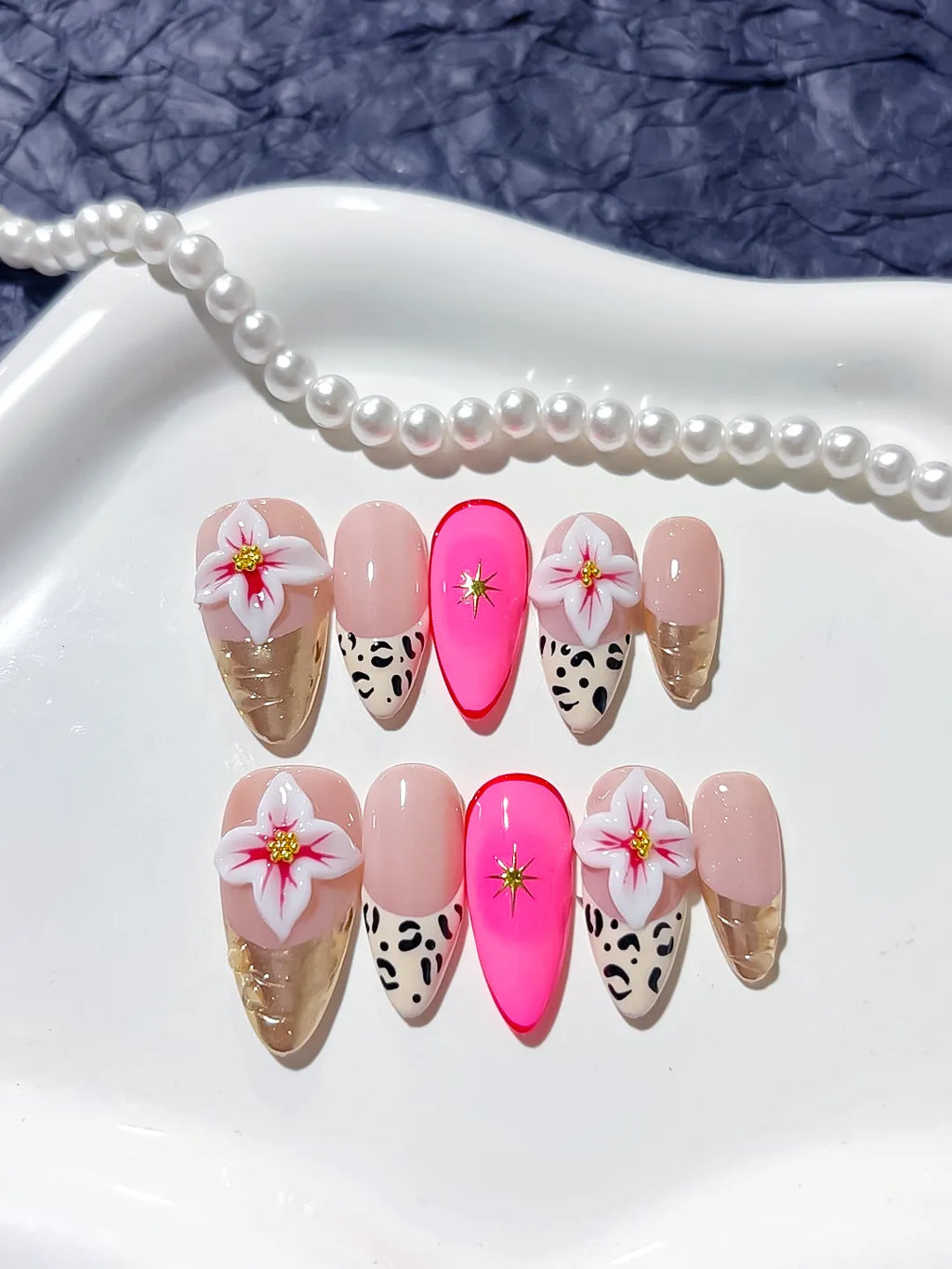 D312 - Medium Nude Pink Almond Abstract Flower Animal Print