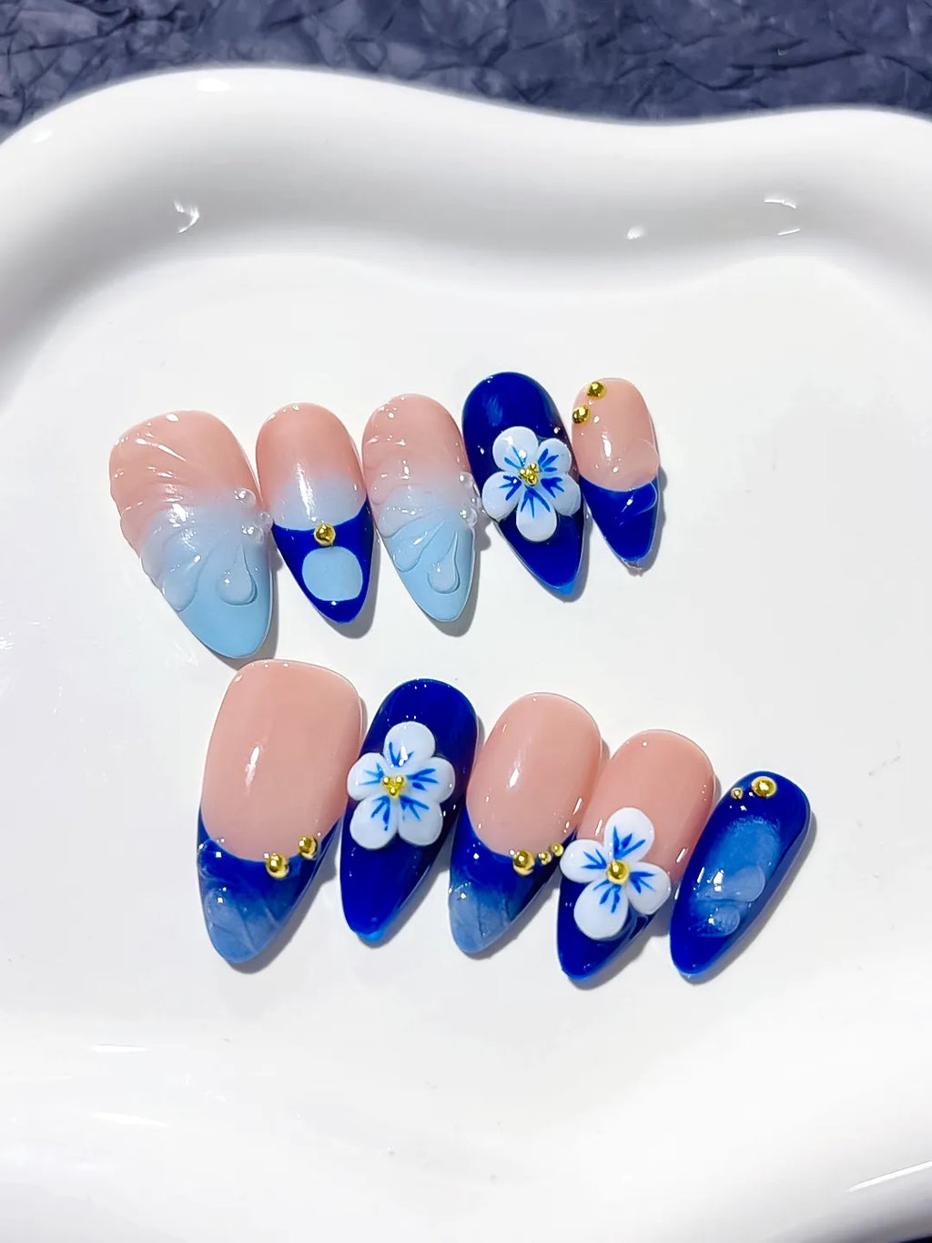 D313 - Medium Nude Blue Almond French tip Flower Metallic