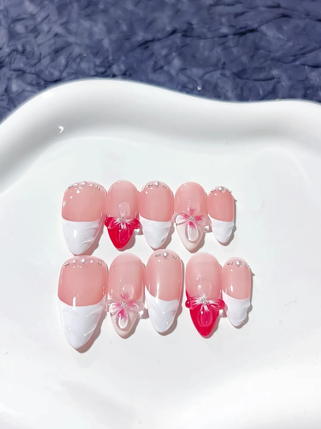 D271 - Medium Pink White Almond French tip Bow Flower
