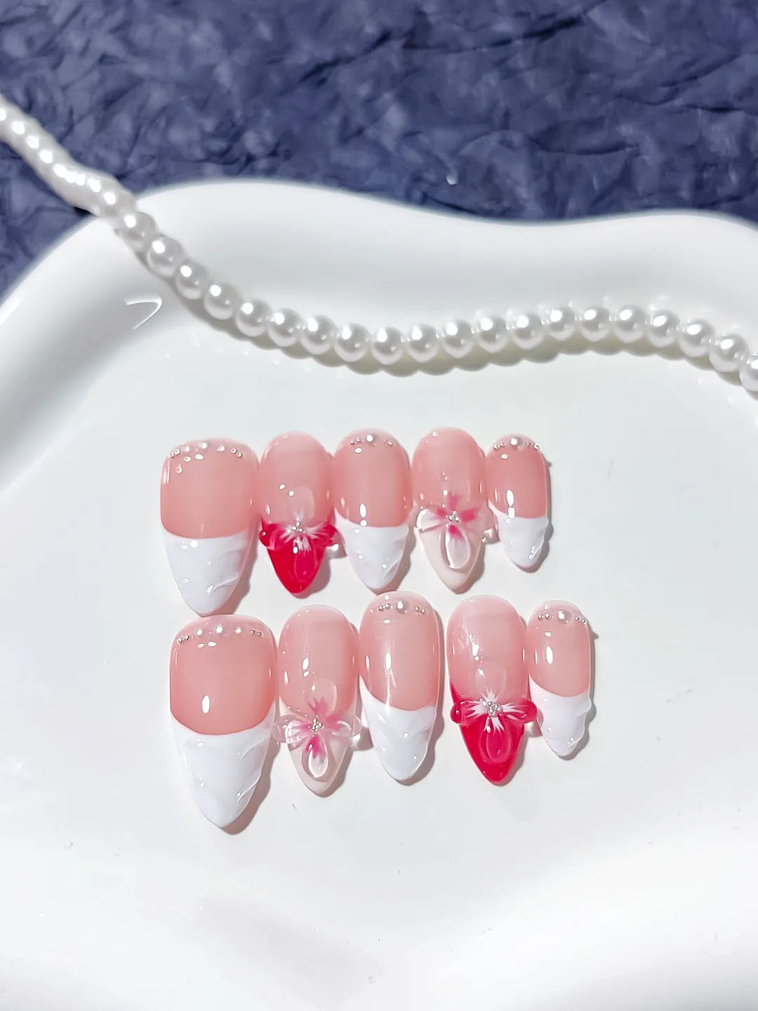 D271 - Medium Pink White Almond French tip Bow Flower