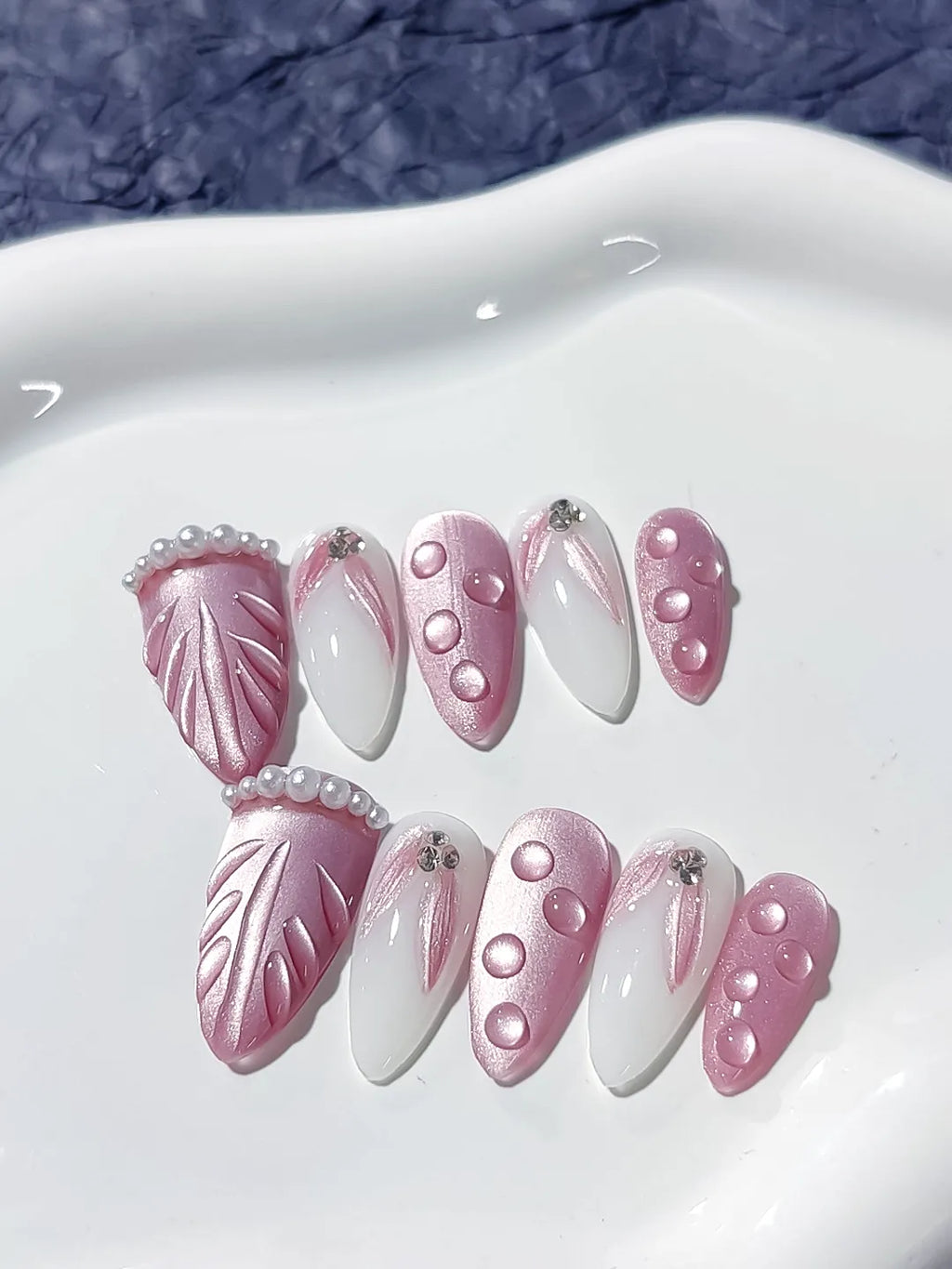 D269 - Medium Pink White Almond Holographic Embossed Pearl