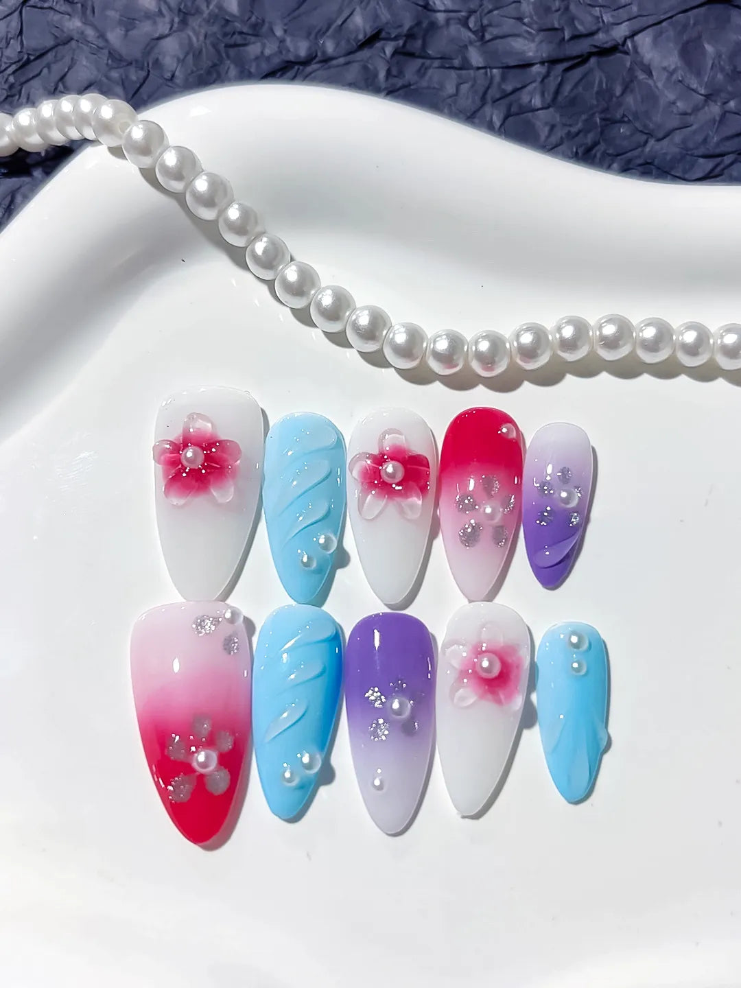 D270 - Medium Pink White Almond Abstract Flower Rhinestone