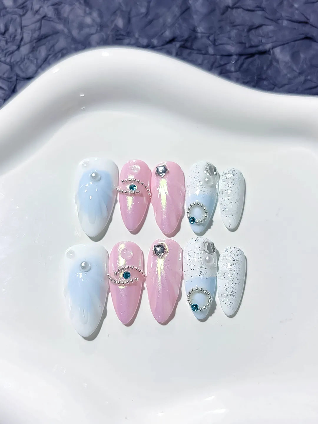 D287 - Medium Pink White Almond Holographic Rhinestone Embossed