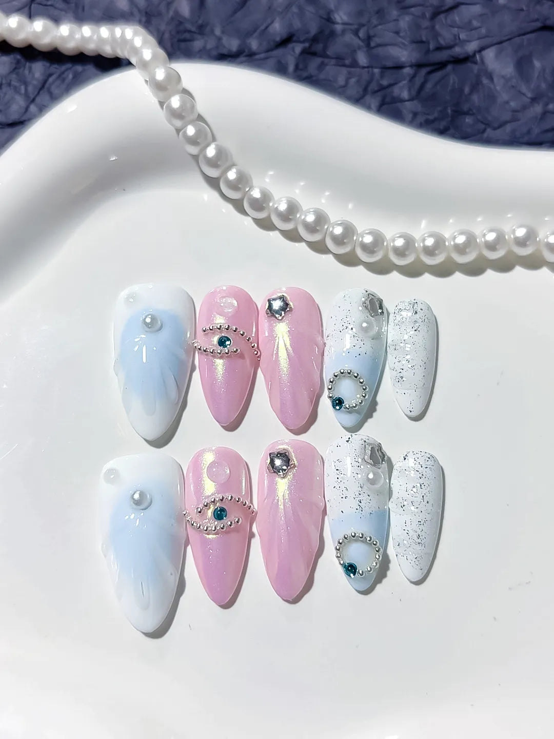 D287 - Medium Pink White Almond Holographic Rhinestone Embossed