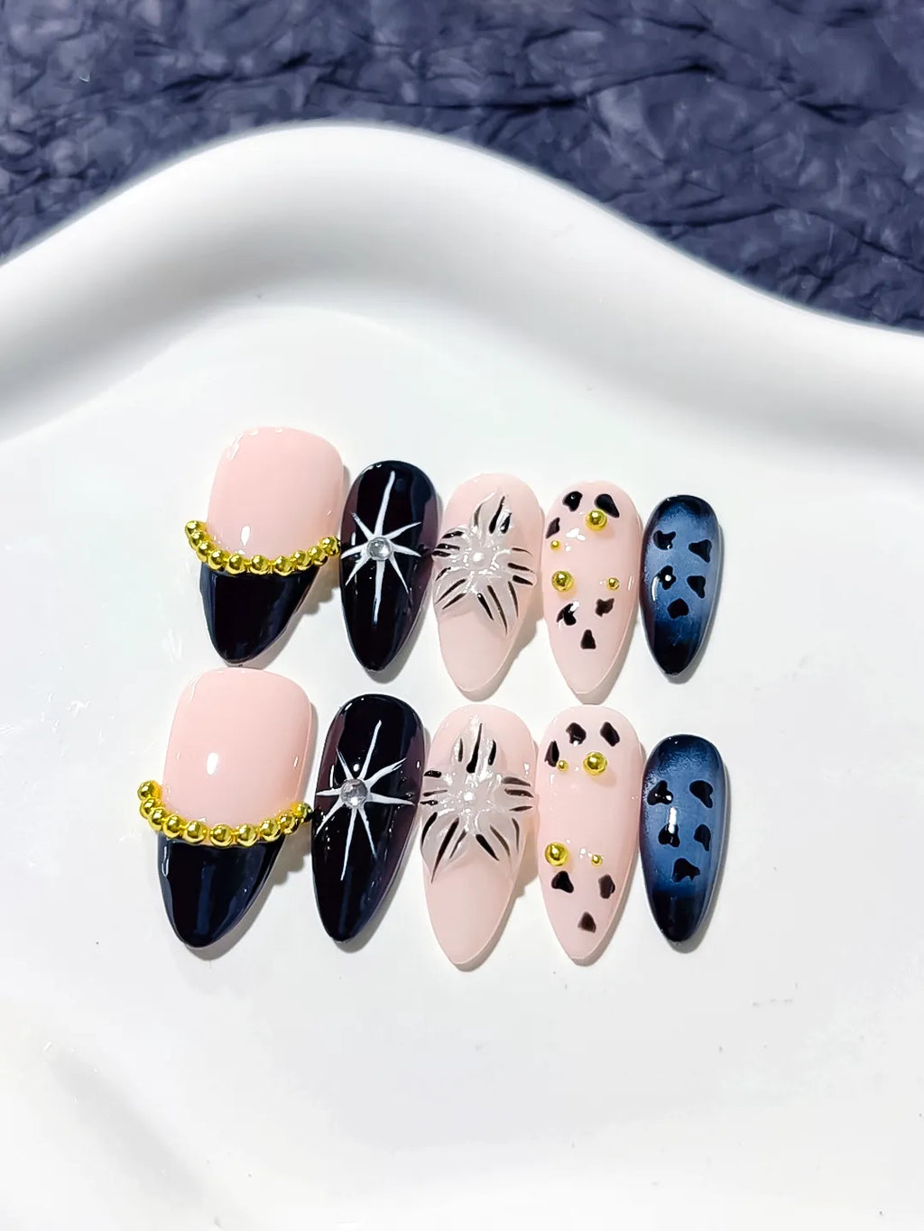 D291 - Medium Nude Black Almond French tip Star Animal Print
