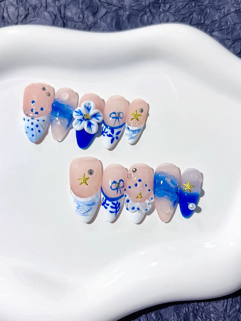 D315 - Long Nude Blue Square French tip Flower Star