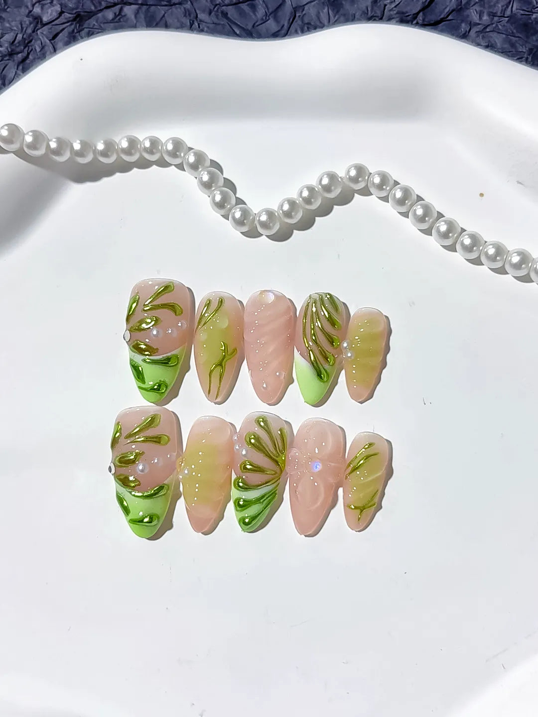 D318 - Medium Nude Green Almond Metallic Embossed