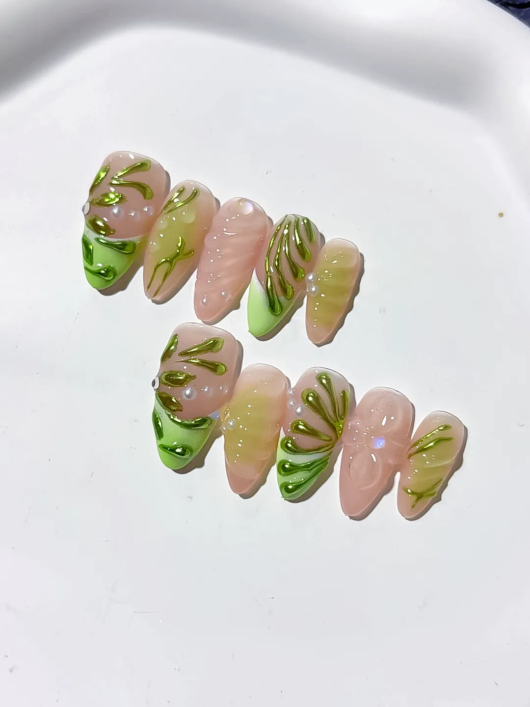 D318 - Medium Nude Green Almond Metallic Embossed