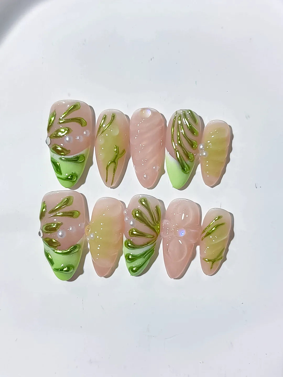 D318 - Medium Nude Green Almond Metallic Embossed