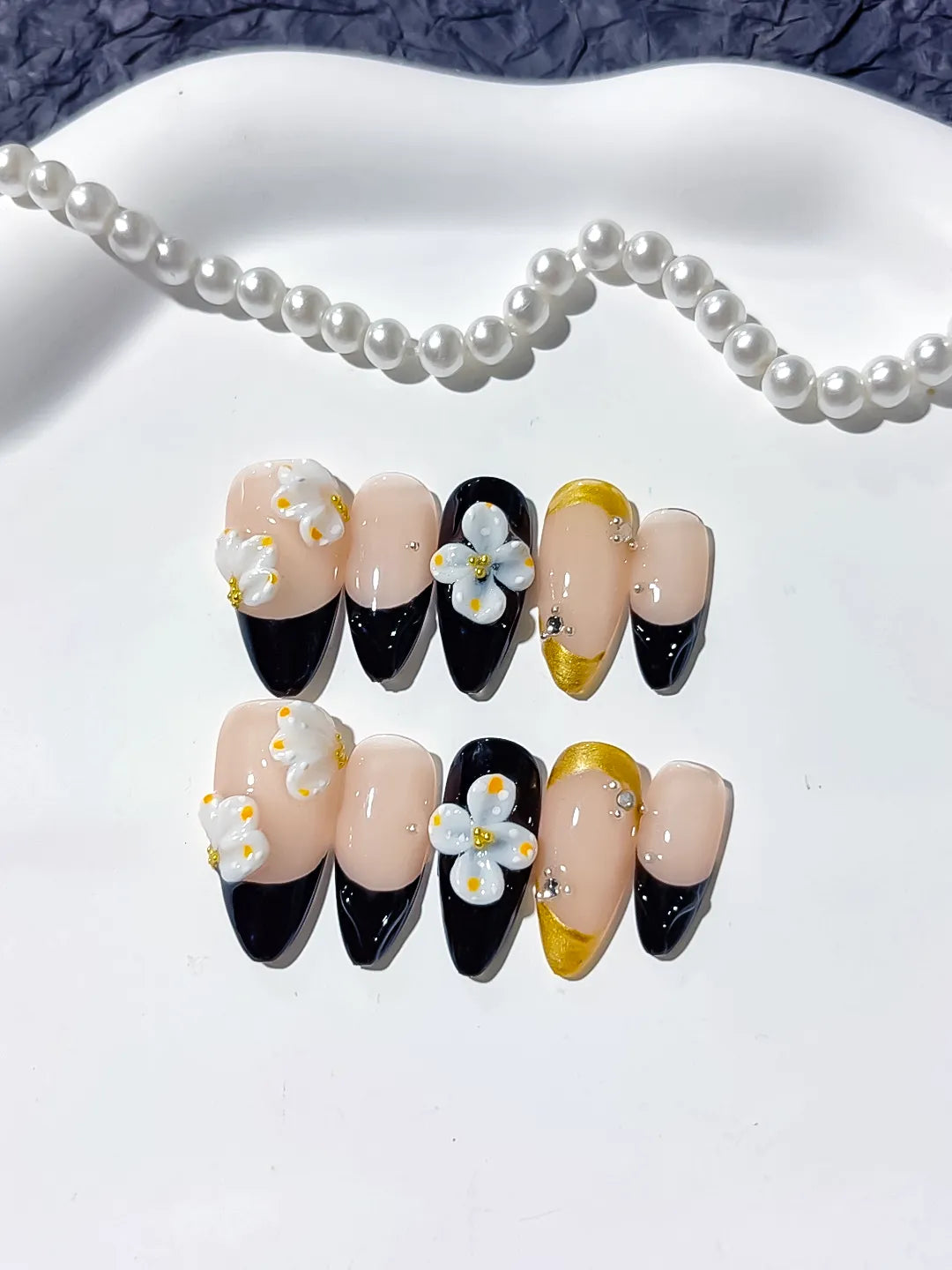 D319 - Medium Nude Black Almond French tip Flower Rhinestone