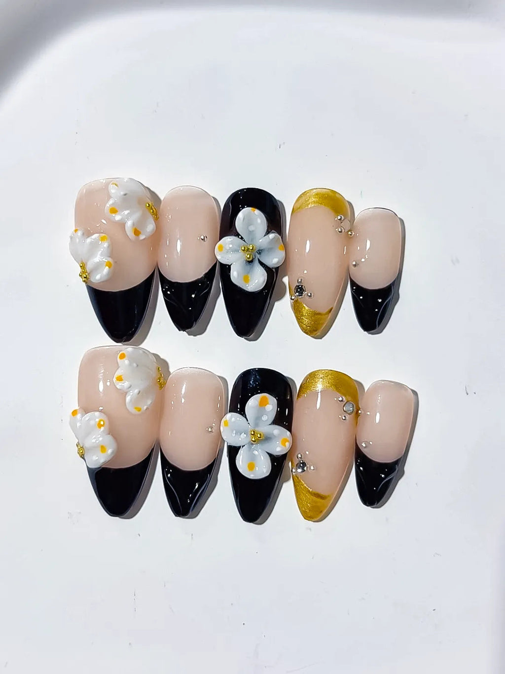 D319 - Medium Nude Black Almond French tip Flower Rhinestone VibeNailsLab