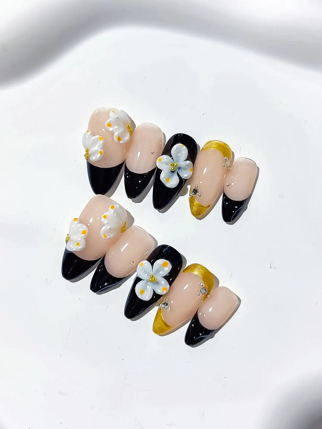 D319 - Medium Nude Black Almond French tip Flower Rhinestone VibeNailsLab