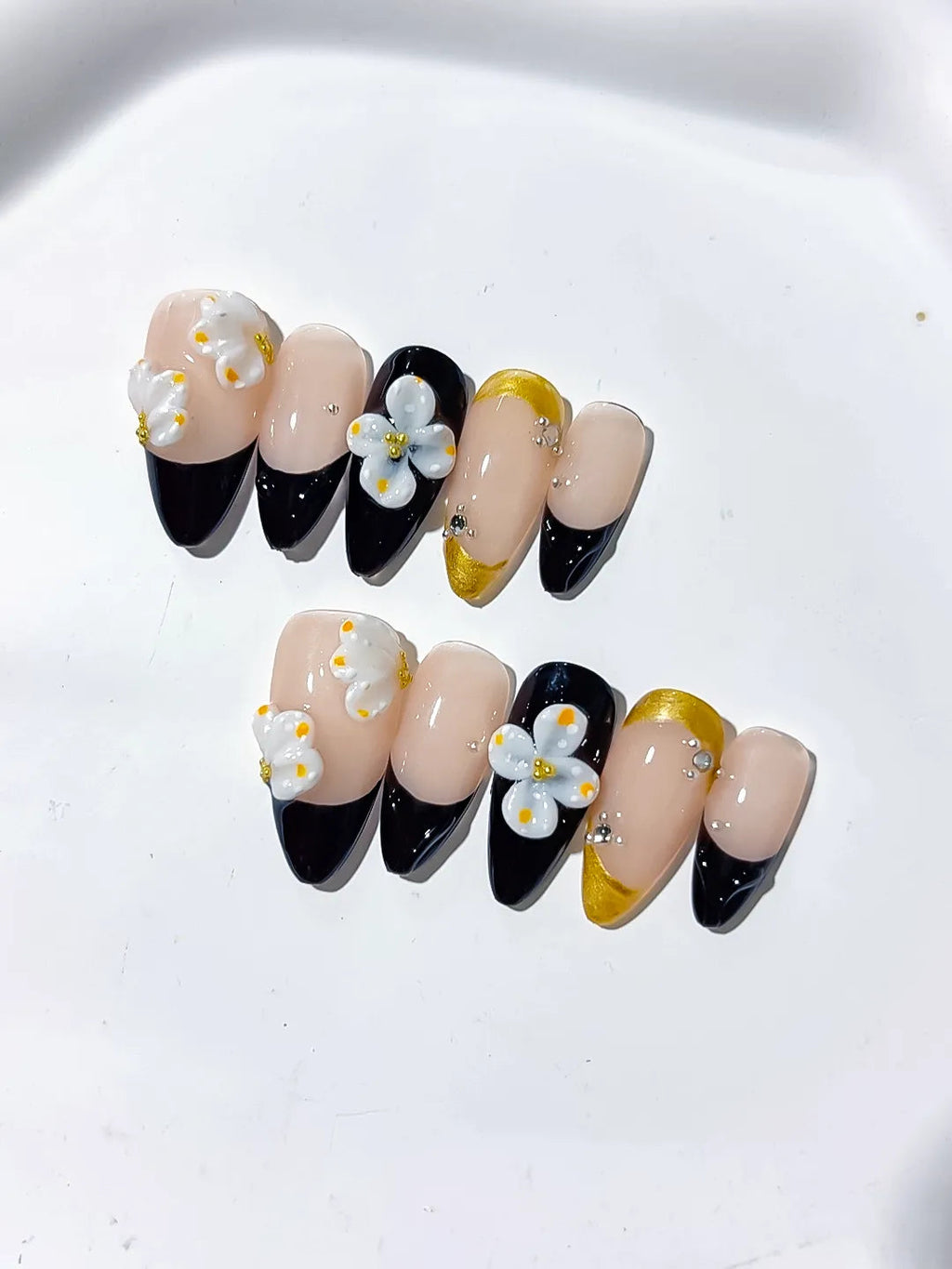 D319 - Medium Nude Black Almond French tip Flower Rhinestone VibeNailsLab