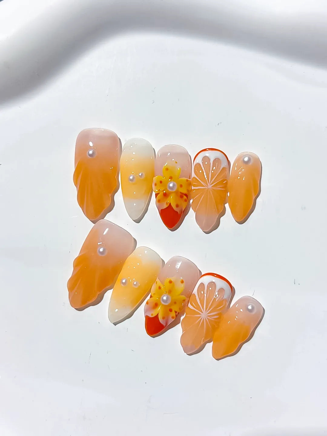 D320 - Medium Orange White Almond Floral Flower Citrus VibeNailsLab