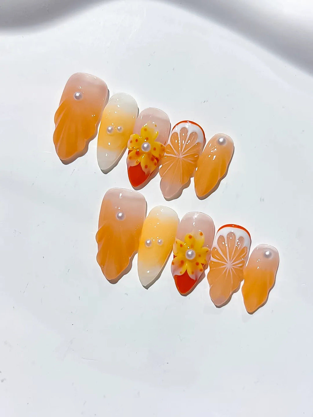D320 - Medium Orange White Almond Floral Flower Citrus VibeNailsLab