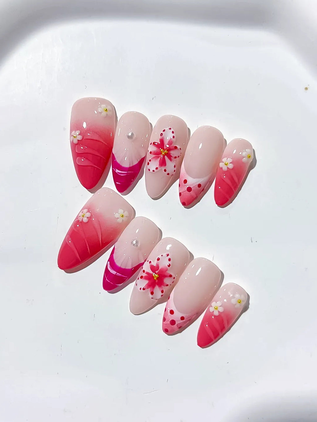 D322 - Medium Pink White Almond Ombre Flower Dot Pattern VibeNailsLab