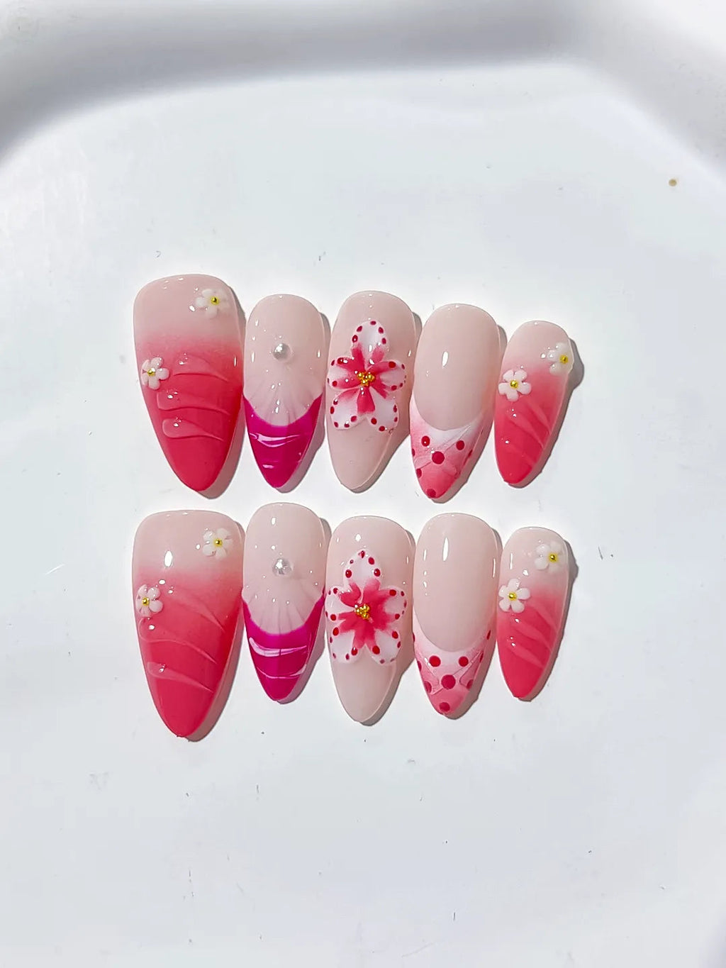 D322 - Medium Pink White Almond Ombre Flower Dot Pattern VibeNailsLab