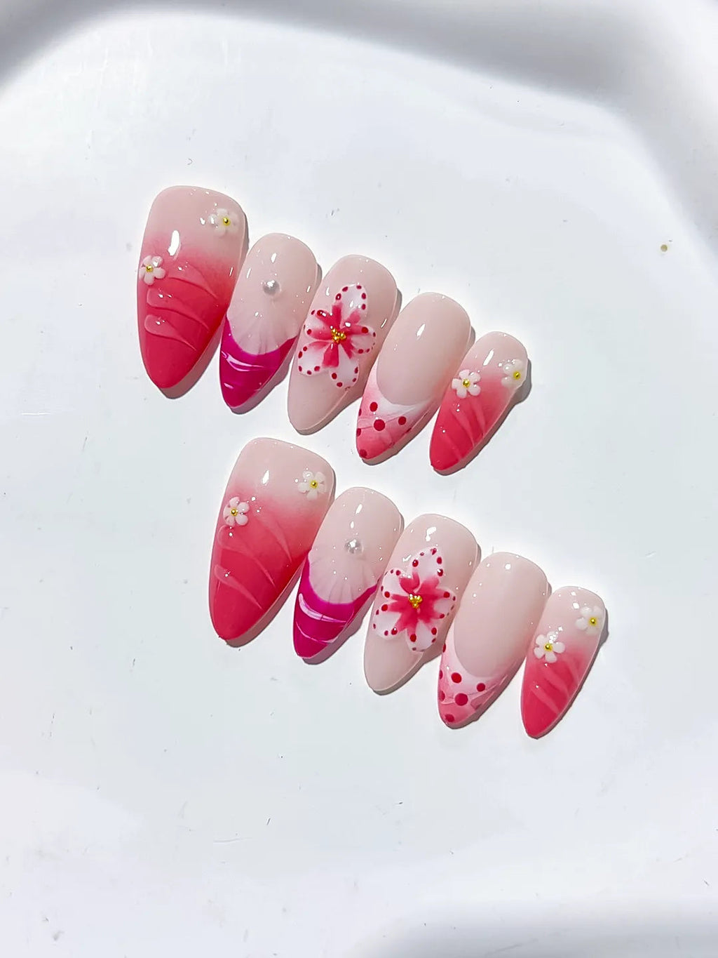 D322 - Medium Pink White Almond Ombre Flower Dot Pattern VibeNailsLab