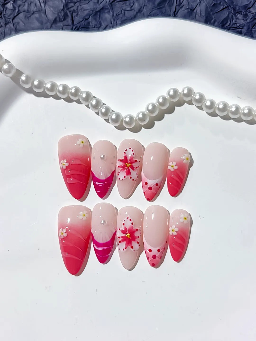 D322 - Medium Pink White Almond Ombre Flower Dot Pattern VibeNailsLab