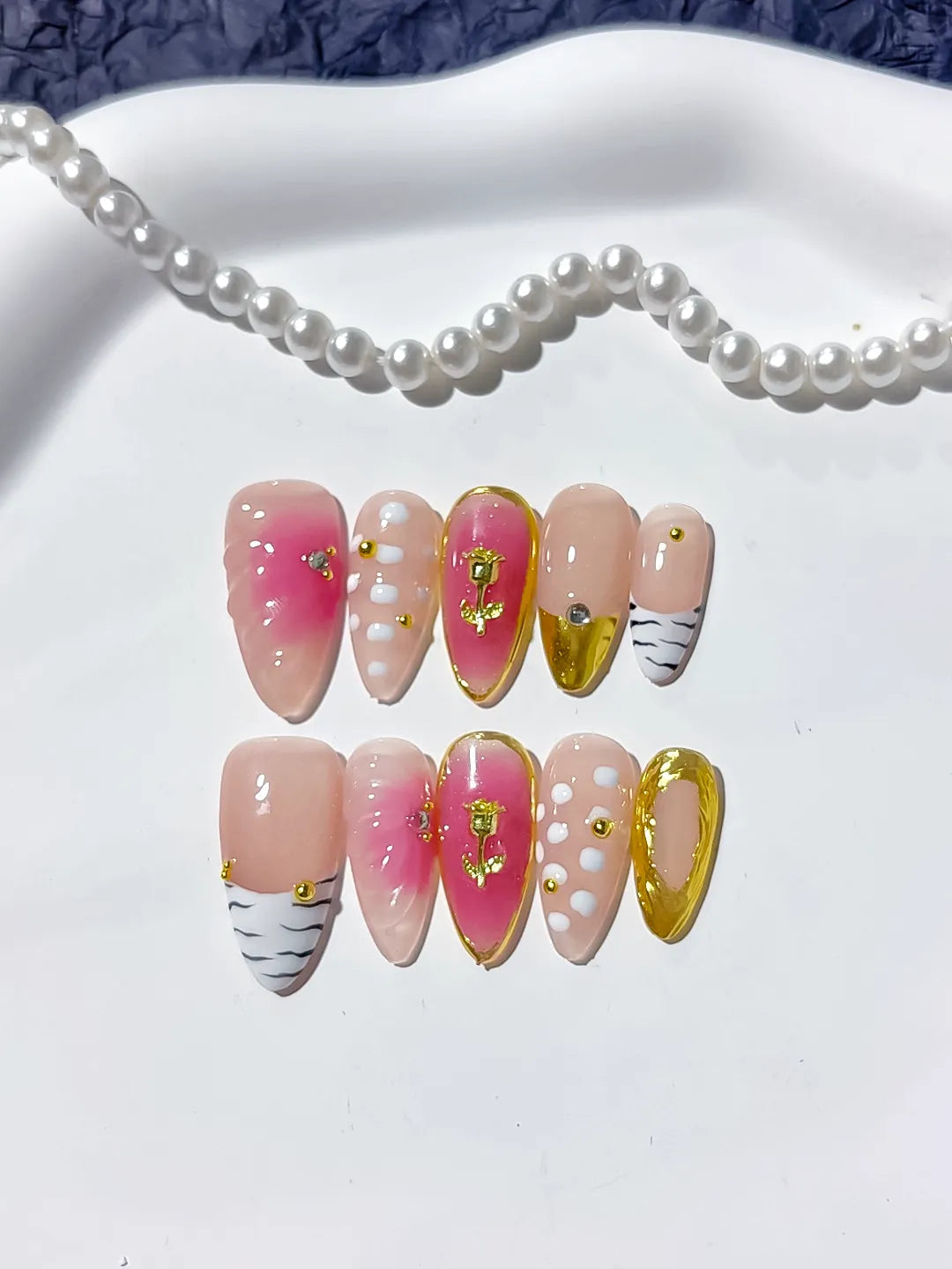 D321 - Medium Pink Gold Almond Abstract Rose Animal Print VibeNailsLab