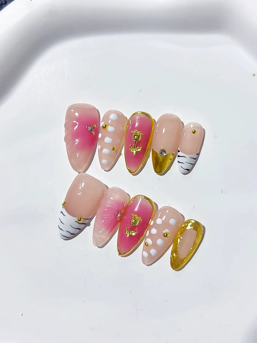 D321 - Medium Pink Gold Almond Abstract Rose Animal Print VibeNailsLab