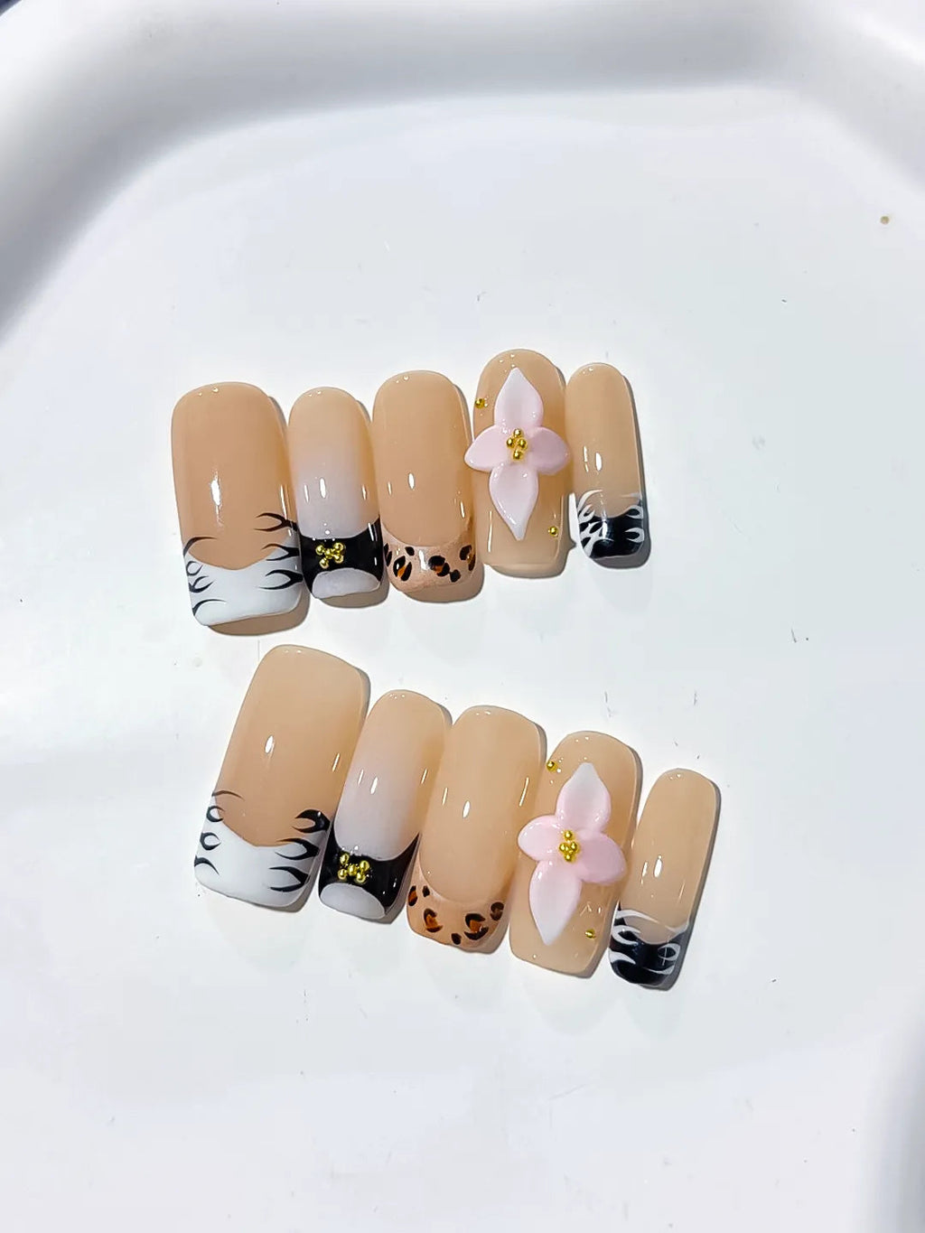 D323 - Long Nude White Square French tip Flower Animal Print VibeNailsLab