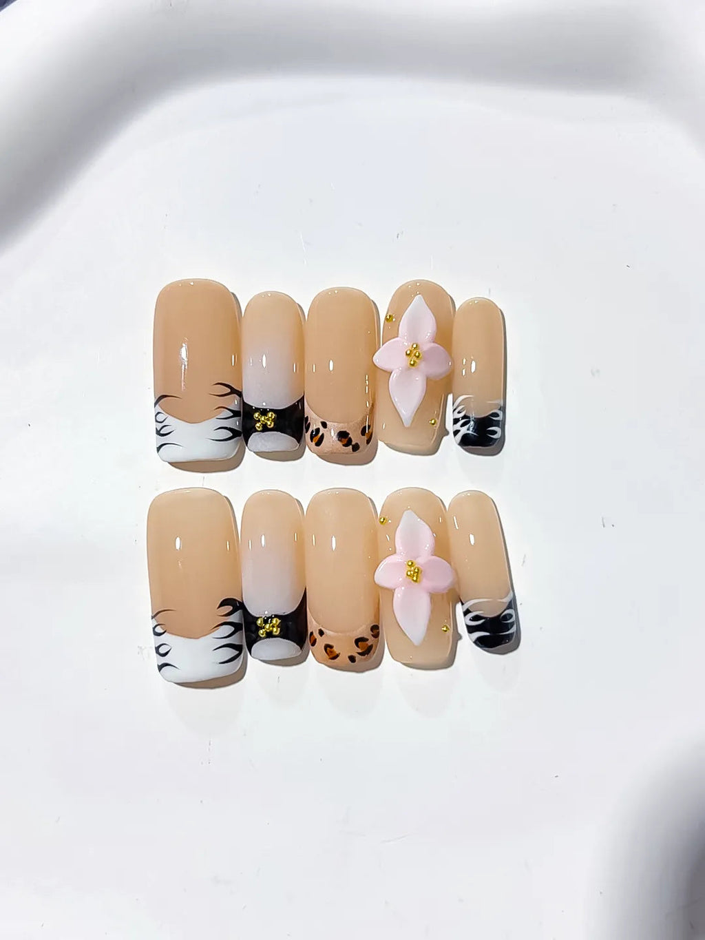 D323 - Long Nude White Square French tip Flower Animal Print VibeNailsLab