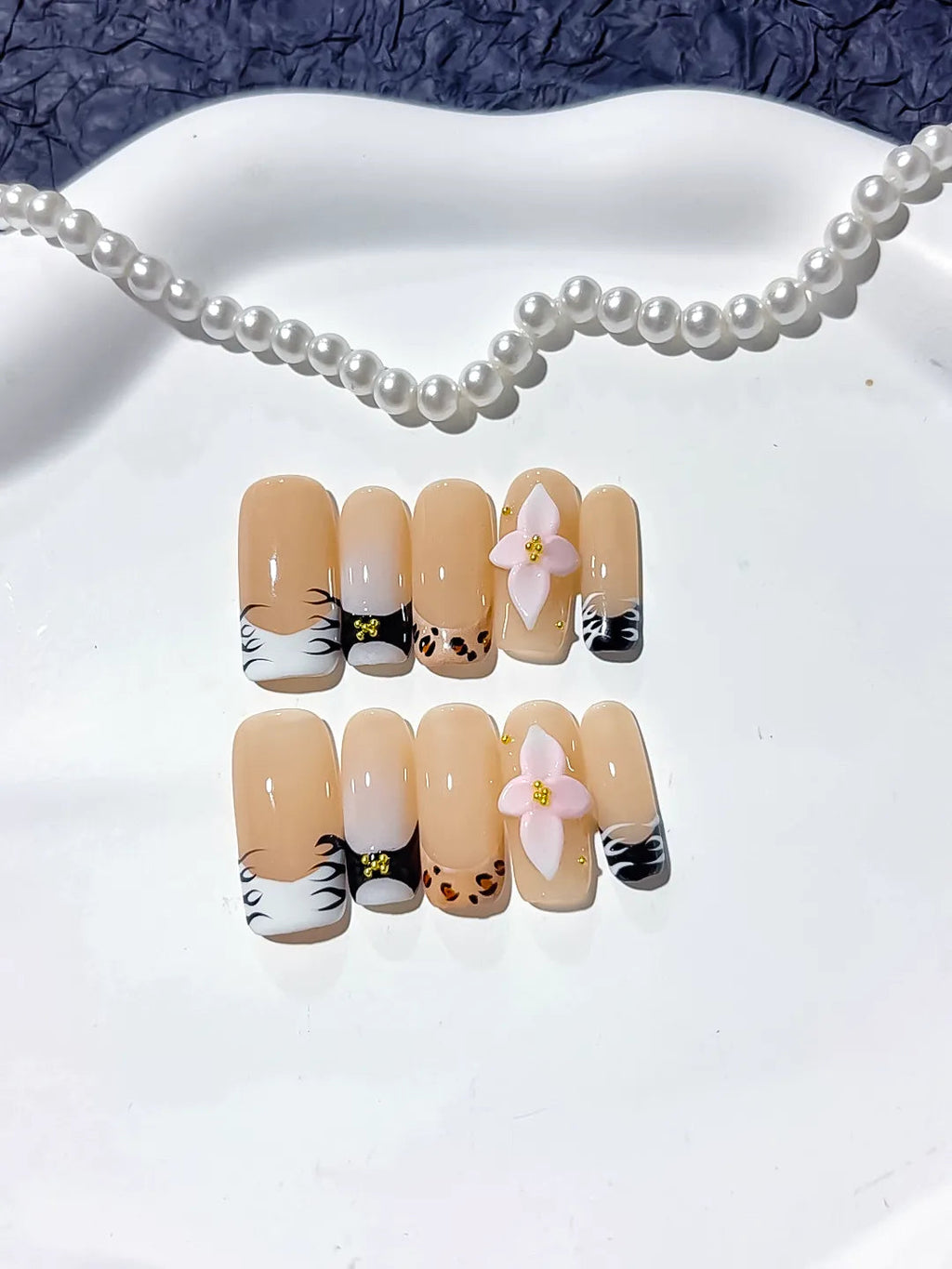 D323 - Long Nude White Square French tip Flower Animal Print VibeNailsLab